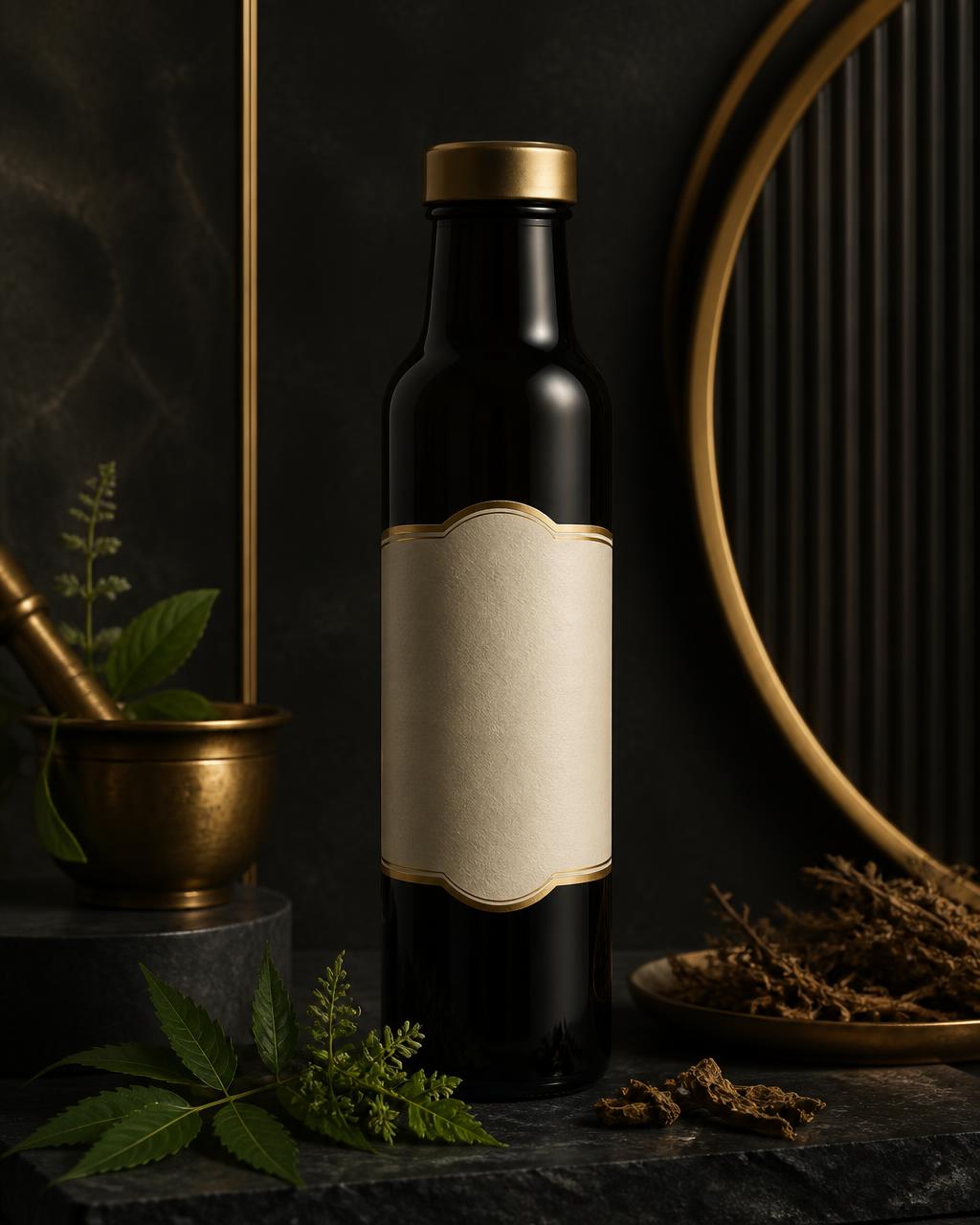 Temporary premium mockup for JEEVAKSH Madhunashini Ras — dark bottle with antique gold cap and blank ivory label